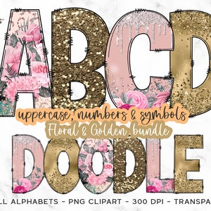 Letras do alfabeto Doodle Sublimação, Glitter Doodle Alfabeto PNG, Fonte de Sublimação, Fonte de Sublimação Doodle Dourado Alfabeto Desenhado à Mão Doodle