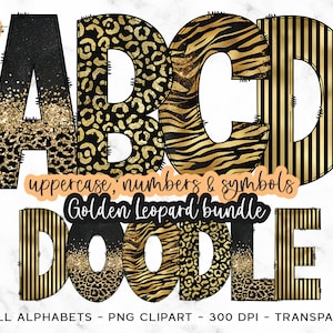 Leopard Doodle Alphabet PNG, Gold Glitter Animal Print Font (Digital File)