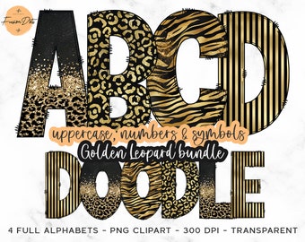 Leopard Doodle Alphabet PNG, Gold Glitter Animal Print Font (Digital File)