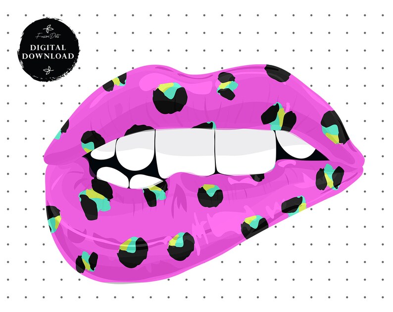 May include: Pink lips with a leopard print design. The lips are slightly parted, revealing white teeth.