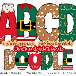 Christmas Doodle letters, Xmas Doodle Alphabet PNG, Christmas Sublimation Font, Reindeer Elf Santa Clause PNG set, Doodle Sublimation Font