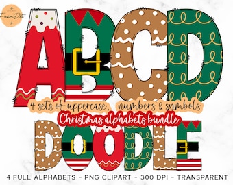 Christmas Doodle Alphabet PNG, Santa Elf Reindeer Font (Digital Download)