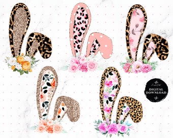 5 Easter Bunny Ears Sublimation Design Bundle, Easter Clipart, Easter Bunnies png, Easter PNG, Png File, Leopard Cheetah, Digital DOWNLOAD