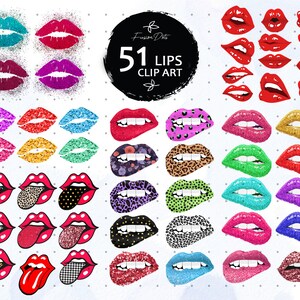 May include: 51 digital clip art images of lips in various colors, patterns, and styles.  The lips are in a variety of poses, including open, closed, and with a tongue sticking out.  The images are perfect for use in digital scrapbooking, card making, and other craft projects.