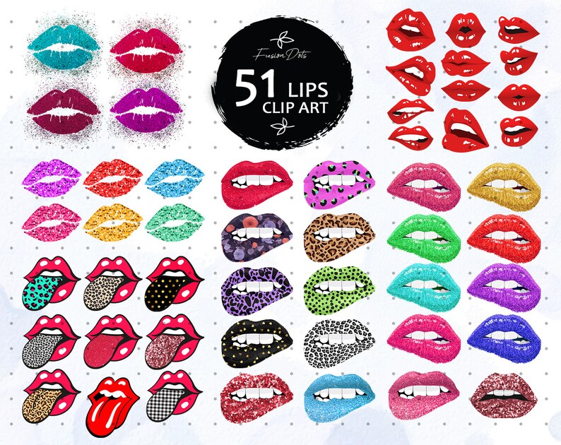 May include: 51 digital clip art images of lips in various colors, patterns, and styles.  The lips are in a variety of poses, including open, closed, and with a tongue sticking out.  The images are perfect for use in digital scrapbooking, card making, and other craft projects.