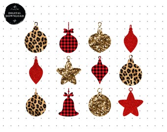 Leopard Buffalo Plaid Christmas Ornaments PNG, Glitter Sublimation (Digital Download)