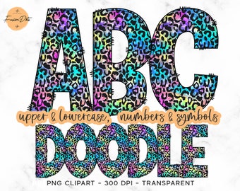 Rainbow Leopard Doodle Alphabet PNG, Animal Print Font (Digital Download)