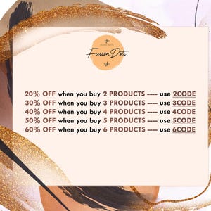 Puede incluir: Una tarjeta blanca con fondo dorado y texto que dice "Fusion Dots" y enumera descuentos para la compra de varios productos. El texto dice: "20% de DESCUENTO al comprar 2 PRODUCTOS - usa el c&oacute;digo 2CODE", "30% de DESCUENTO al comprar 3 PRODUCTOS - usa el c&oacute;digo 3CODE", "40% de DESCUENTO al comprar 4 PRODUCTOS - usa el c&oacute;digo 4CODE", "50% de DESCUENTO al comprar 5 PRODUCTOS - usa el c&oacute;digo 5CODE", "60% de DESCUENTO al comprar 6 PRODUCTOS - usa el c&oacute;digo 6CODE".