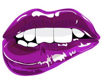 May include: Close-up of a pair of lips with bright purple lipstick. The lips are slightly parted, revealing a row of white teeth.