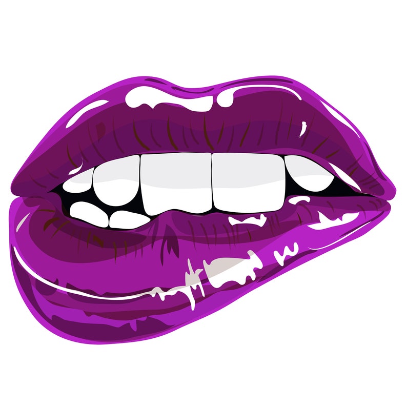 May include: Close-up of a pair of lips with bright purple lipstick. The lips are slightly parted, revealing a row of white teeth.
