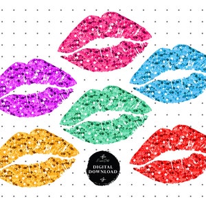 May include: Six glitter lip prints in different colors: pink, blue, green, red, gold, and purple. The prints are on a white background with a black and white pattern.