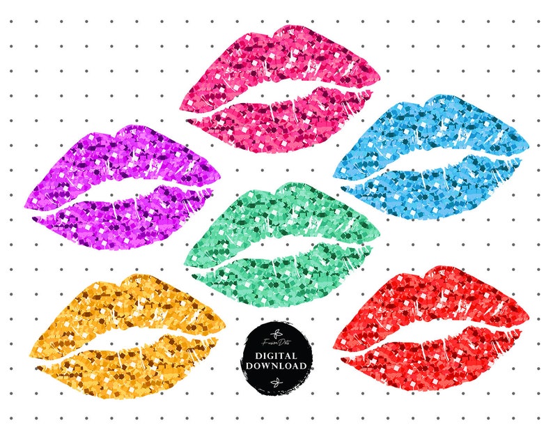 May include: Six glitter lip prints in different colors: pink, blue, green, red, gold, and purple. The prints are on a white background with a black and white pattern.