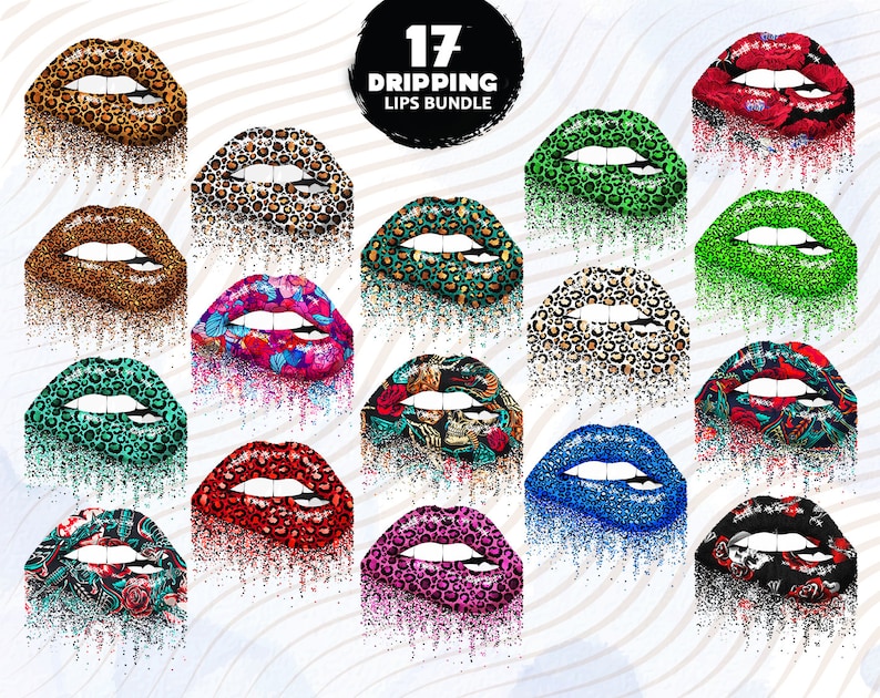May include: A set of 17 digital illustrations of dripping lips with various animal print patterns, including leopard, zebra, and floral designs.  The lips are in various colors, including red, green, blue, and pink.