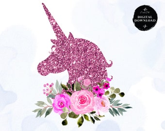 Unicornio Clipart, Brillo y acuarela unicornio Floral Clip art, Descarga instantánea, Unicorn Clip art, Sublimation Designs Instant Download