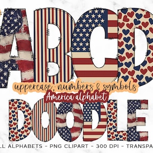 USA Alphabet Letters, American Flag Doodle Letters Patriotic Sublimation Font, Hand Drawn Alphabet Doodle Sublimation Font USA Flag Doodles