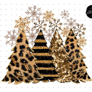 Könnte beinhalten: Drei Weihnachtsbäume mit Leopardenmuster, schwarzen und goldenen Streifen und goldenem Glitzer. Die Bäume sind von Schneeflocken umgeben.