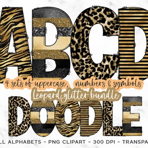 Leopard Print Alphabet PNG, Glitter Doodle Font (Digital Download)
