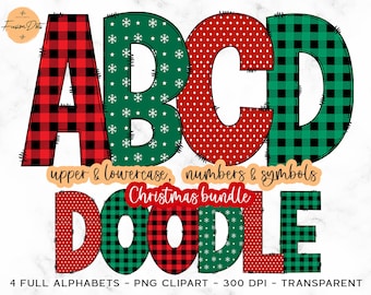 Christmas Doodle letters, Buffalo Plaid Doodle Alphabet PNG, Santa Sublimation Font, Xmas Doodle Bundle, Winter Doodle Sublimation Font