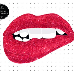 May include: Red glitter lips with a single tooth showing, against a white background with black polka dots.