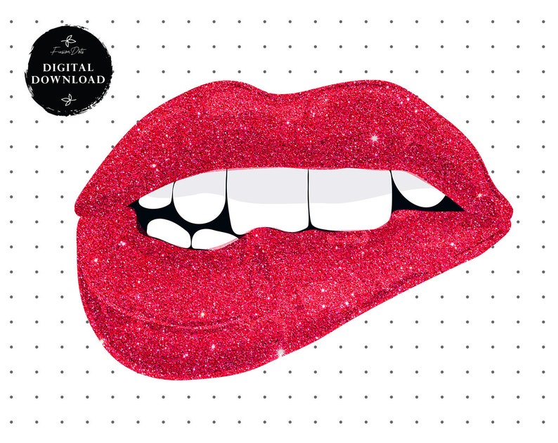 May include: Red glitter lips with a single tooth showing, against a white background with black polka dots.