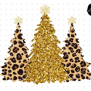 May include: Three Christmas trees, one gold glitter and two with a leopard print pattern, with snowflakes on top.