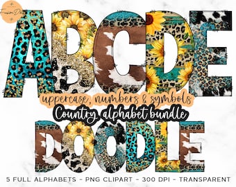 May include: A set of uppercase letters A, B, C, D, and E in a country-themed design. The letters are made up of various patterns, including cowhide, leopard print, and sunflowers. The letters are outlined in black and have a stitched effect. The text "uppercase, numbers & symbols Country alphabet bundle DOODLE" is below the letters. The text "5 FULL ALPHABETS - PNG CLIPART - 300 DPI - TRANSPARENT" is at the bottom of the image.