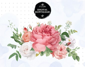 Watercolor Floral Bouquet Clip Art PNG Pink flower clipart Roses Clip Art Bundle Wedding Flowers Png Aquarelle Flowers Bright Flowers