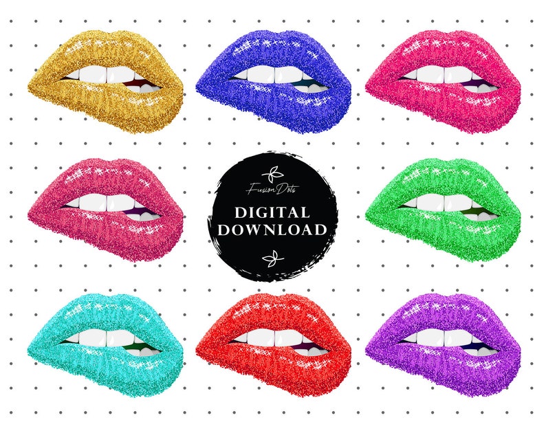 May include: Set of nine digital downloads featuring glitter lips in various colors, including gold, blue, pink, green, turquoise, red, and purple. The lips are slightly parted and have a glittery texture.