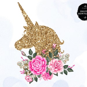 金色のグリッター ユニコーン クリップアート、昇華ダウンロード、グリッターと水彩のユニコーン、花のクリップアート、即時ダウンロード、昇華デザイン