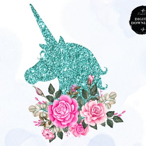 Unicorn Clipart, Glitter and Watercolor Unicorn Floral Clip art, Instant Download, Unicorn Clip art, Sublimation Designs Instant Download