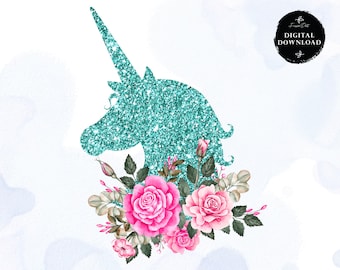 Unicorn Clipart, Glitter and Watercolor Unicorn Floral Clip art, Instant Download, Unicorn Clip art, Sublimation Designs Instant Download