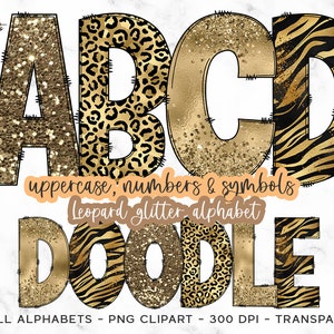 Lettere Leopard Doodle, Glitter Doodle Alphabet PNG, Carattere di sublimazione con stampa animale, PNG leopardo, Carattere di sublimazione Doodle, Lettere di leopardo