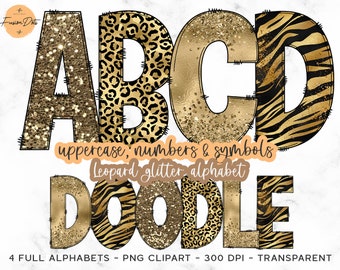May include: Gold glitter alphabet letters with leopard and zebra print patterns. The letters are uppercase and spell out "ABCD DOODLE".