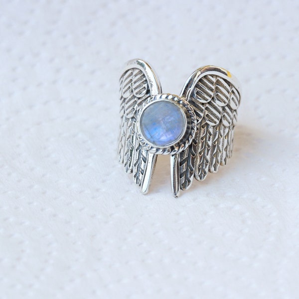 Rainbow Moonstone Ring, Angel wings rings, Memorial Ring, loss of loved one, Gemstone Ring with Engraving option, 925 sterling silver ring