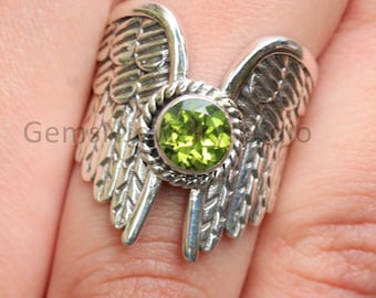 Peridot Angel Wings Sterling Silver Ring: Engraved Memorial Jewelry