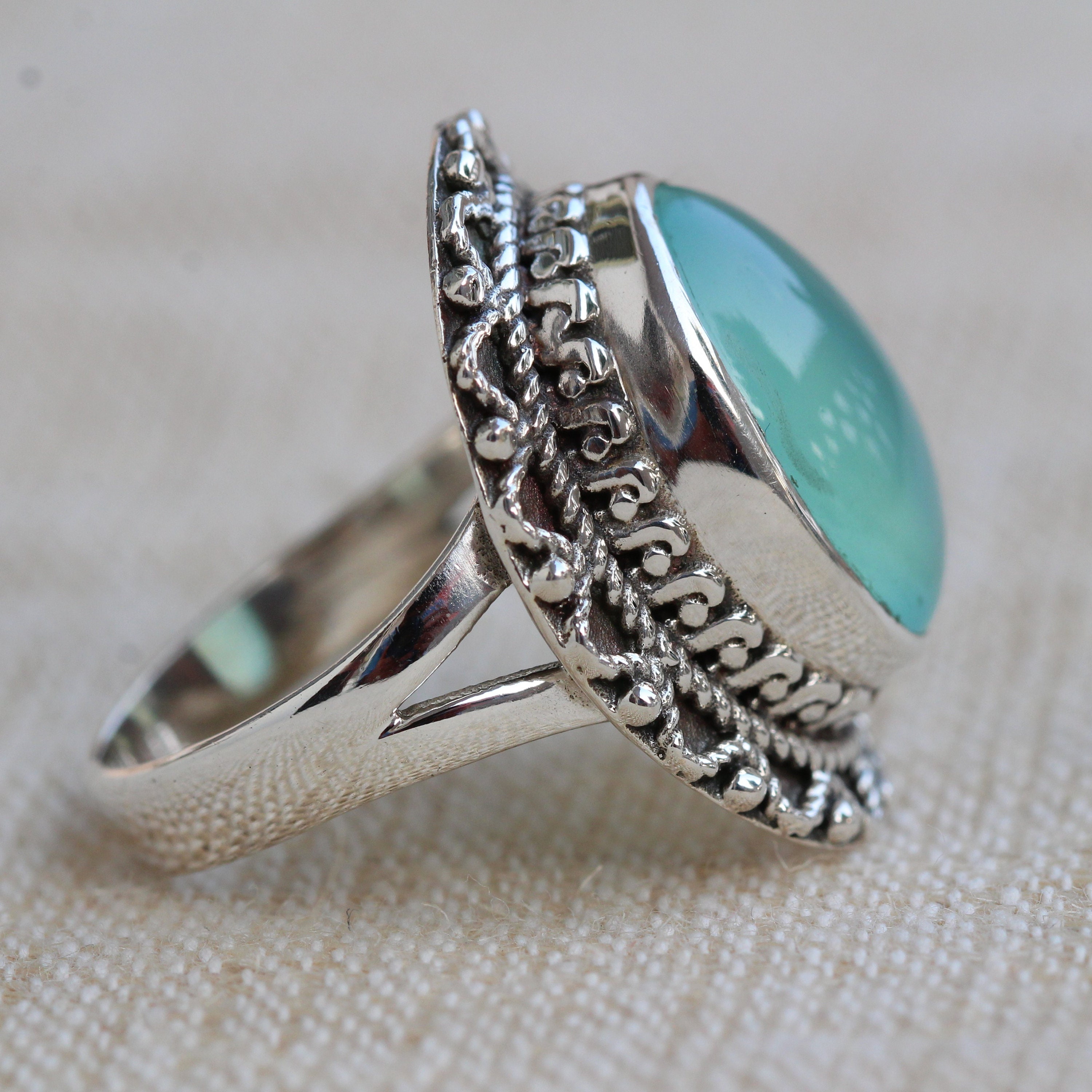 Aqua Chalcedony Gemstone Ring – 925 Sterling Silver Handmade – Oval Natural Stone – All Sizes Available AM-857