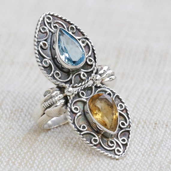 ハンドメイドのスターリングシルバーリング：ブルートパーズとシトリン