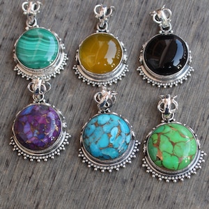 Mohave Turquoise, Malachite, Mango Chalcedony, Black Onyx Pendants, sterling silver handmade Necklace, Dainty jewelry, valentines gift ideas