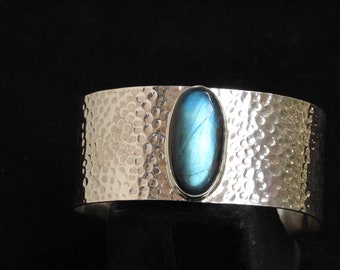 Labradorite Cuff Bracelet: Handmade Hammered Sterling Silver Bangle