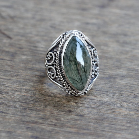 Rutilated Prehnite Ring: Sterling Silver Boho Jewelry