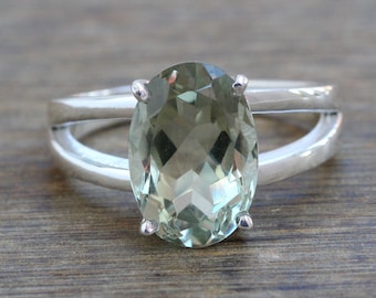 Faceted Green Amethyst Sterling Silver Ring: Oval Gemstone