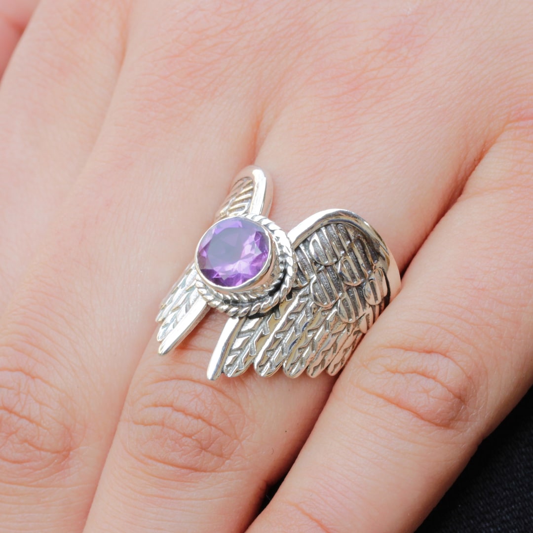 Amethyst Angel Wings Ring: Engraved Sterling Silver Memorial Jewelry - Etsy