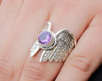 Amethyst Angel Wings Ring: Engraved Sterling Silver Memorial Jewelry