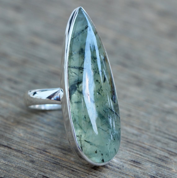 Rutilated Prehnite Sterling Silver Ring: Handmade Green Gemstone Jewelry