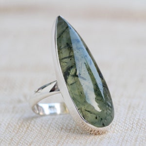 Rutilated Prehnite ring, Sterling silver Jewelry, Natural Green rutilated prehnite, Statement ring image 5