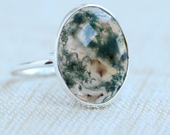 Moos Achat Ring, Stapelbare Ringe, Natürlicher Moos Achat, Geschenk für sie, Lünette Ringe, Sterling Silber Schmuck, Ozean Stein, Valentinstag