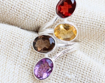 Garnet Amethyst Citrine Smoky Quartz Ring, Sterling Silver