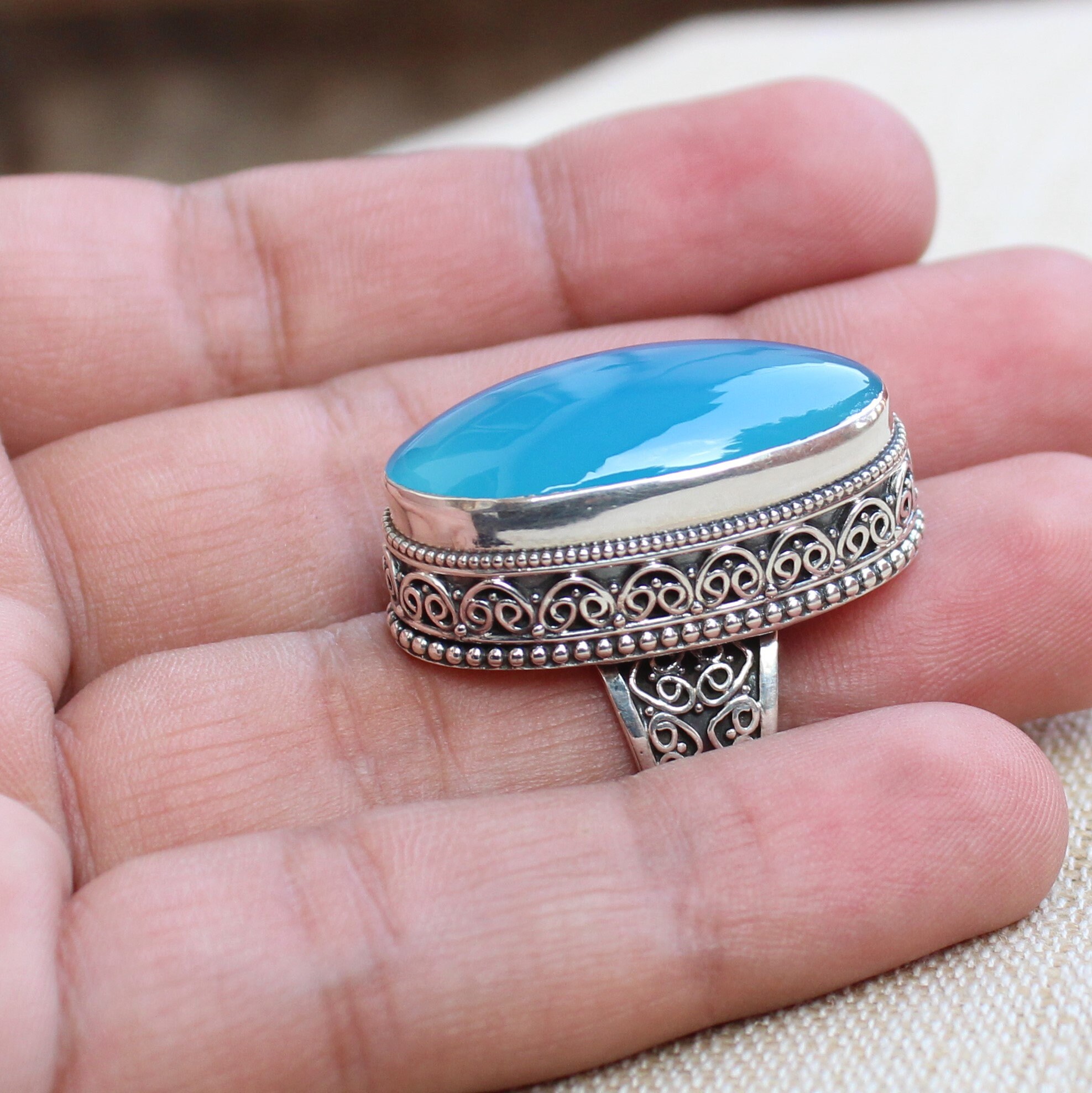 Blue Chalcedony Ring, Sterling Silver Handmade Jewelry