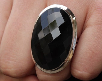 Black onyx ring, huge natural black onyx jewelry, 925 sterling silver jewelry, faceted onyx gemstone, cocktail jewelry, statement boho Rings