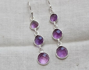 Amethyst Earrings Sterling Silver Jewelry, Natural Purple calibrated amethyst, Bezel Setting earrings, Ready to ship, Christmas Jewellery